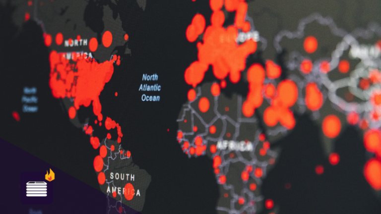 Header image of a black world map with red COVID infection markers